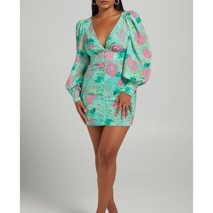 Showpo Jenelyn Long Sleeve Mini Dress in Neon Floral